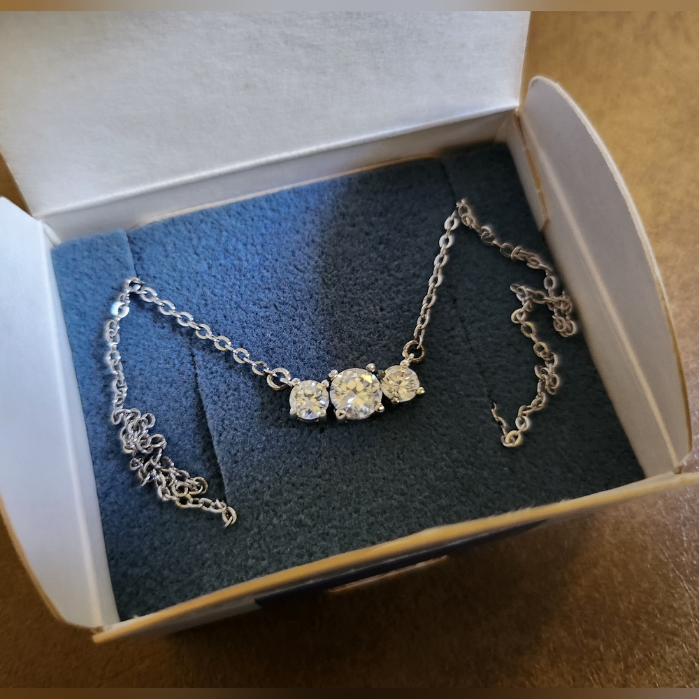 2001 Avon Silvertone Triple CZ Anniversary Necklace